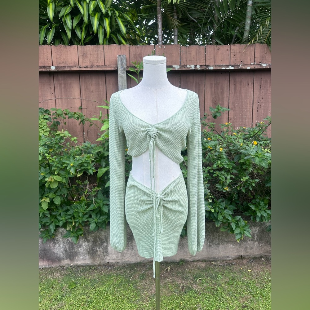 White Fox Boutique Sage Green Knit Cutout Two-Piece Dress